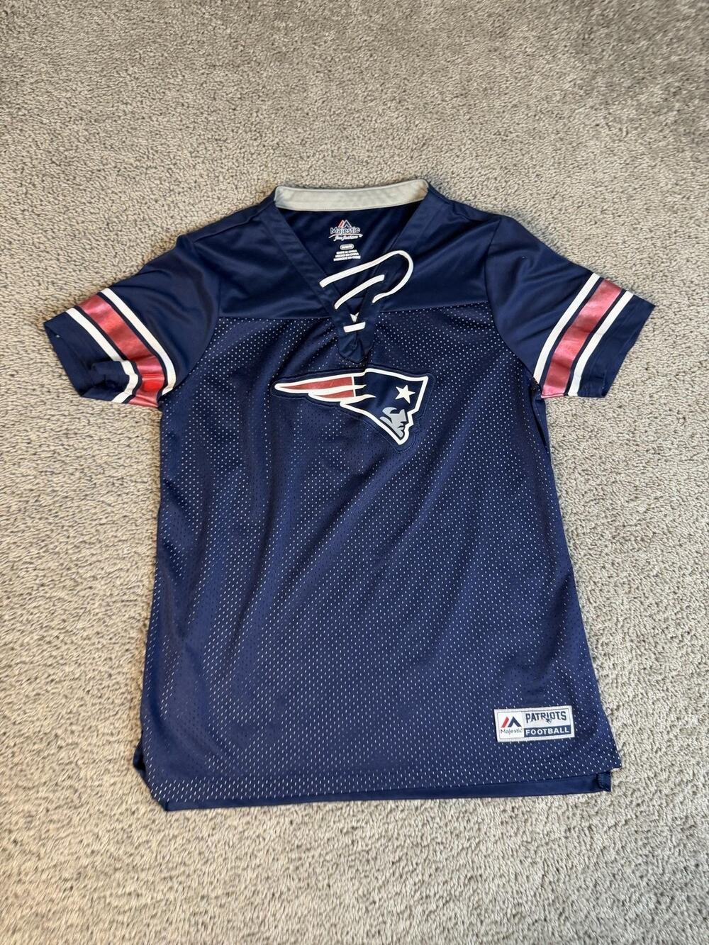 New England Patriots Jersey Womens M Blue NFL Football Majestic Lace-Up Mesh Fan